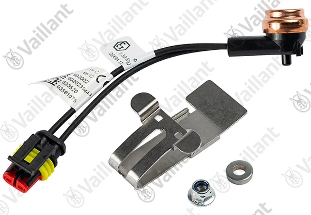 Vaillant Sicherheitstemperaturbegrenzer mit Anschlüssen, Kabel und Befestigungselementen. Sichtbare Etiketten mit Produktinformationen.